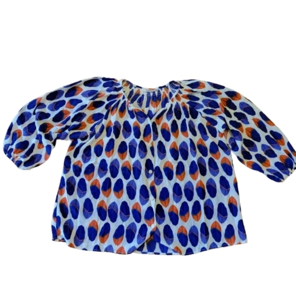 Tucker The Classic Silk Blouse Button Down Leaf Feather Blue Orange Women's M - Picture 2 of 8